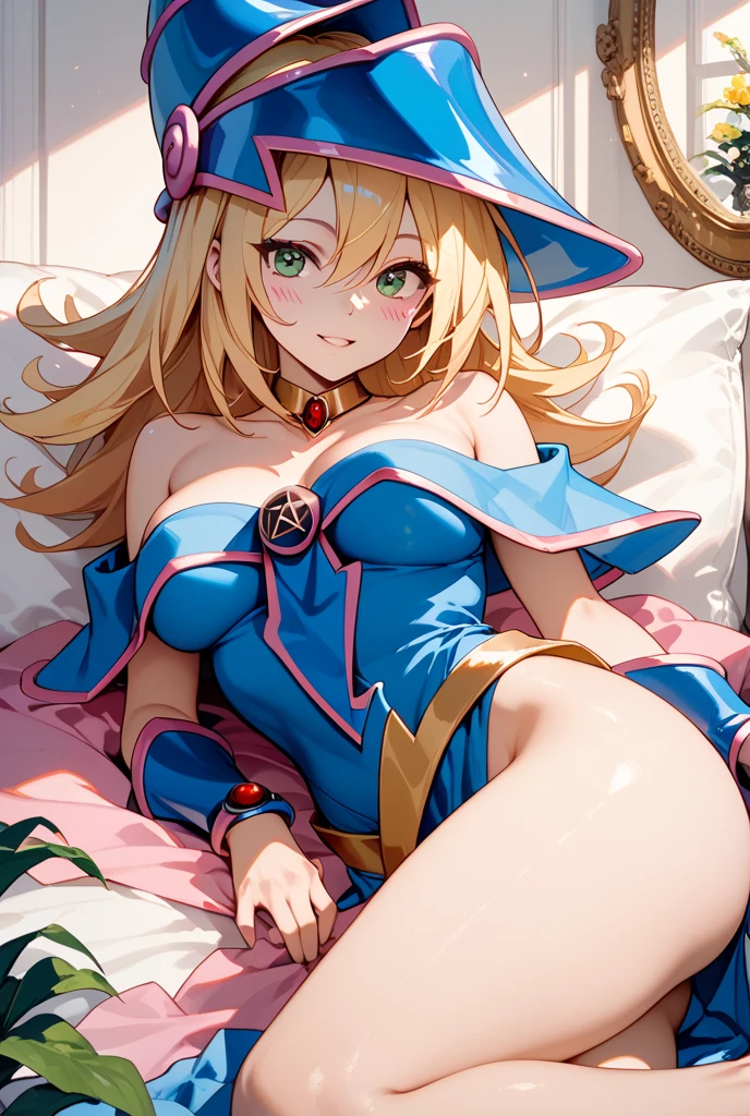 master piece,best quality,ultra detailed,8k,
ambient light,realistic skin,glossy skin,
(dark magician girl, duel monster, blush stickers, blonde hair, green eyes, long hair, breasts, blush, bangs, large breasts, hair between eyes, pentacle, pentagram, hat, dress, cleavage, bare shoulders, collarbone, choker, blue headwear, wizard hat, bracer, detached sleeves;)、
futon、(model posing)