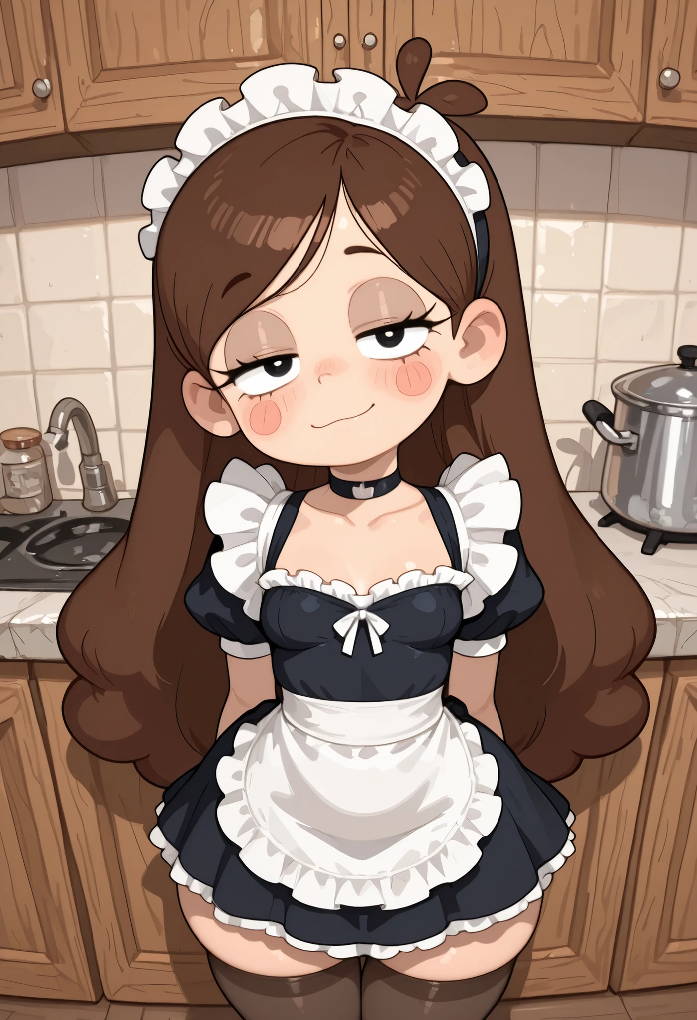 Mabel Pines, blush stickers, brown hair. black eyes. half-closed eyes, small breasts, huge hips. long eyelashes, choker. | Looking from the viewer, choker, maid dress, kitchen. half-open eyes. stockings.