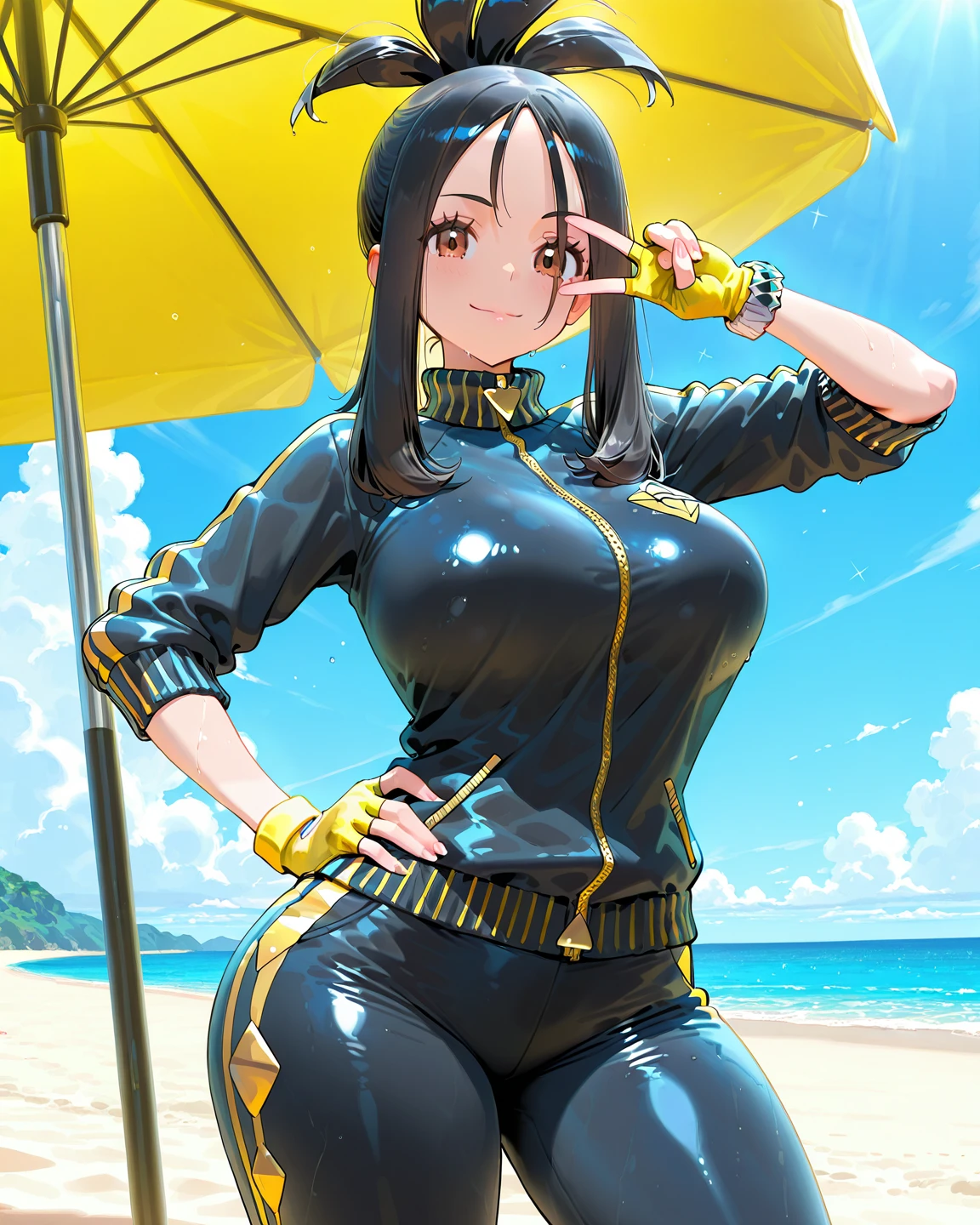 ((1girl)) pale skin large breasts (muscular) toned body thick thighs black hair yellow eyes (long hair) bodybuilder shirt blushing best quality hair flaps perfect anatomy swimsuit