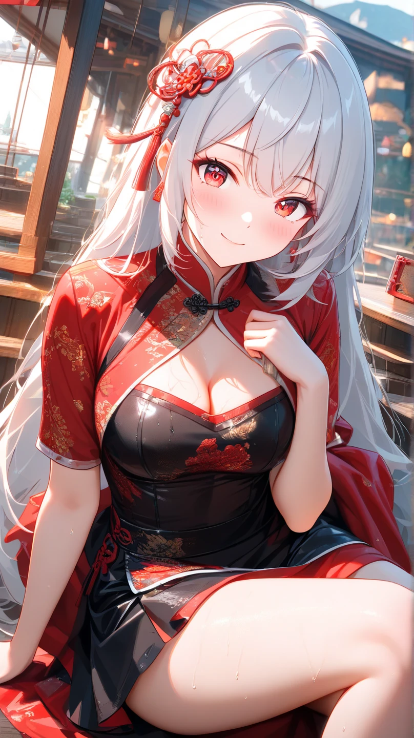 White hair、red eyes、Beautiful girl alone、Fluffy white dresses、off shoulders、Western-style castle、Bright red roses、((fox ears)),steam,wet clothes ,china dress,(masterpiece), best quality, expressive eyes, perfect face,w sitting, w sitting on ground, arm between legs, both arm between legs,big breast, good breast