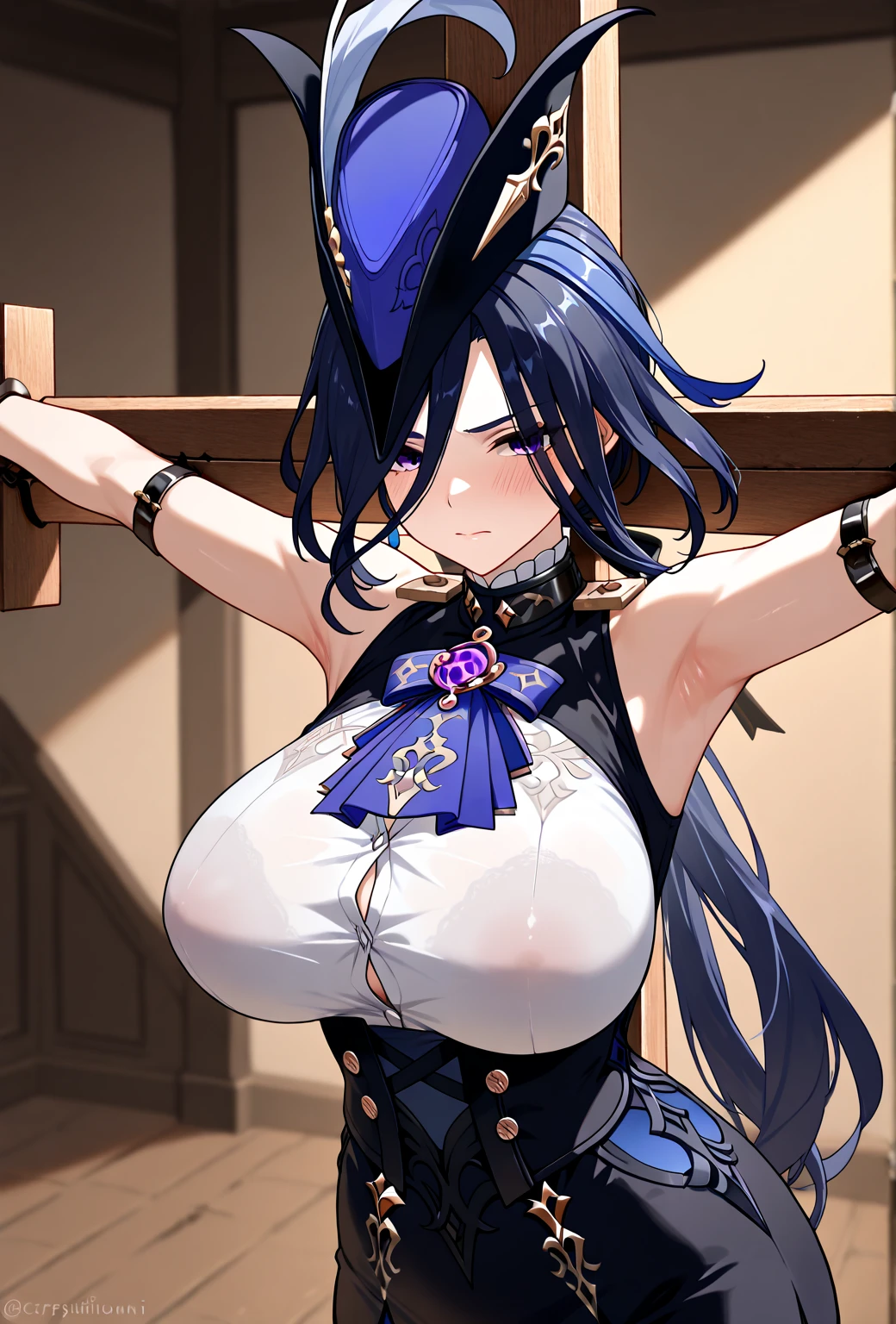 ((((((gigantic breasts)))))), (((((((((hetero, A muscular man sexually assaults Clorinde, Standing back, rape, Forcibly))), arms behind back, Head yoke, Shackles)))))), Nipples fully exposed, small pink around nipples, Erect nipples, No bra, long breasts, (((sexual ecstasy, Organism, Embarrassed face, Watery eye))), Are standing, Leaning forward, masterpiece, best quality, beautiful lighting, beautiful eyes, 1girl , 独奏, clorinde_genshin_impact, full nide, 27 years old, skinny, sexly, Location: Torture Chamber
