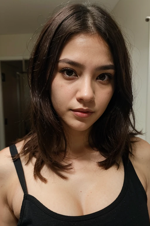 Girl with Asian features has short dark hair, peinado en un estilo suelto y ligeramente despeinado. Tiene la piel clara y un tono de maquillaje natural, con mejillas ligeramente sonrosadas. Sus cejas son espesas y bien definidas, y sus ojos son grandes y almendrados, de un color oscuro. Sus labios son de un tono rosado suave. Lleva puesta una camiseta negra de tirantes y dos collares delicados, one of them with a round pendant with a Bob style that reaches below her jaw a bikini selfie