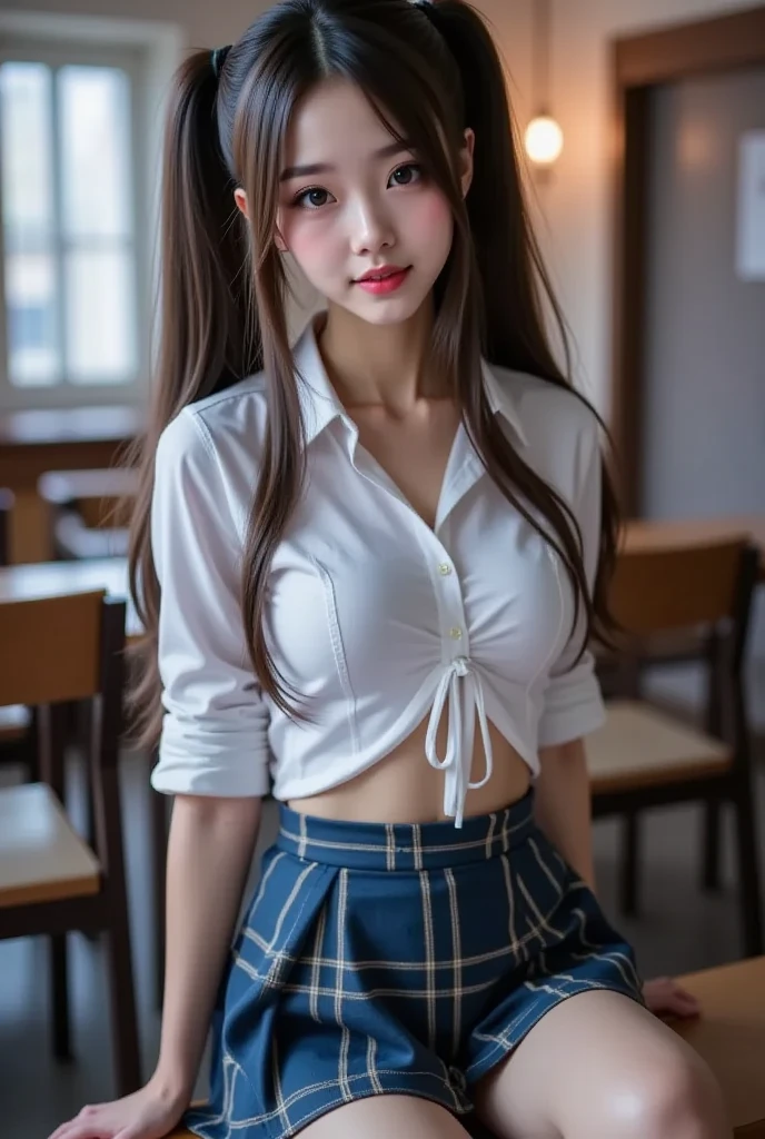 masterpiece, Highest quality, Maya Kumashiro, One girl, alone, chest, chestの谷間, Long Hair, White headband, Parted bangs, blue eyes, View your viewers, Sweat, large chest, Collared shirt, tie shirt, Pleated skirt, flashyな修正, Happy, flashy,Too many accessories, colorful , Kogal, Kogal gyaru, necklace, Earrings, bracelet, Good handbag, belly button, abdomen, (compensate)