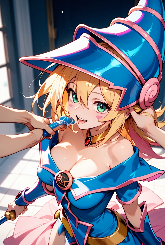 master piece,best quality,ultra detailed,8k,
ambient light,realistic skin,glossy skin,
(dark magician girl, duel monster, blush stickers, blonde hair, green eyes, long hair, breasts, blush, bangs, large breasts, hair between eyes, pentacle, pentagram, hat, dress, cleavage, bare shoulders, collarbone, choker, blue headwear, wizard hat, bracer, detached sleeves;)、
A realistic depiction of a person trapped inside a glass bottle, 、(lie face down:1.3)、(portrait)、(the body is very wet:1.5)、yukata、Glossy lips、Slightly emphasize the lower lip、A refreshing smile、emphasizing the cleavage、