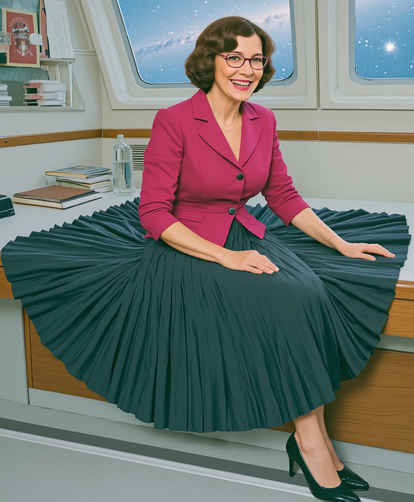 In an interstellar office adorned with vintage charm, a demure, mature therapist, dressed in a crisp uniform jacket and a blouse, reveals her alluring feminine grace. Her long, pleated skirt flows dramatically as the subtly lifts it, each fold a testament to the high-quality 35mm film, capturing the essence of Portra400 or Vision3 200T/500T. The soft focus lens embraces her, blurring the cosmic backdrop of star-studded windows that frame her nurturing embrace. She sits on the edge of her desk, her modest low-heel shoes hinting at a flirtatious posture. Her gentle smile is enhanced by the warm golden light that kisses her flushed skin and glistening sweat, while her glasses reflect the moonlit dance of distant galaxies. Her large, beautiful breasts are jubilant with her big hard nipples. The soft, seductive arch of her legs invites closeness, and her blushing cheeks and parted lips whisper promises of a passionate embrace. The spacecraft's interior, a blend of retro-futuristic elegance and modern ergonomics, is bathed in a sensual ambience that resonates with the therapist's longing gaze. The composition is a masterful blend of intimate framing and the vastness of the cosmos, highlighting the stark contrast between her tender touch and the cold steel of the spaceship. The lighting, a symphony of artificial warmth and ethereal moonbeams, casts long, dramatic shadows that play upon her form, emphasizing the contours of her body and the sharp creases in her skirt. Her eyes, filled with a mix of empathy and desire, beckon you into the heart of the frame, inviting you to explore the depths of her soul in this erotically charged, celestial sanctuary.