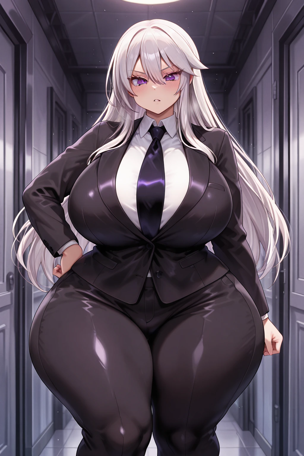 Anthro shark maiden, white hair, purple eyes, grey skin, pants, brown jacket, huge thighs, huge breasts, (huge hips:1.2), by kissxmaker, (office:1.3), glossy skin, braid, office_lady, holding pencil, CosmiEyes,