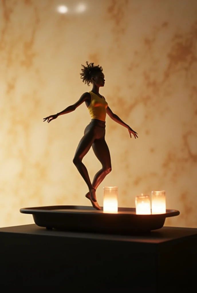 elegant and artistic nude girl in a pose resembling a sculpture, dark-skinned, early 30s, holding one foot while balancing on the other, tropical leaf placed across his back, deep blue background, minimalistic composition, fine art photography, chiaroscuro lighting, smooth skin texture, inspired by herb ritts