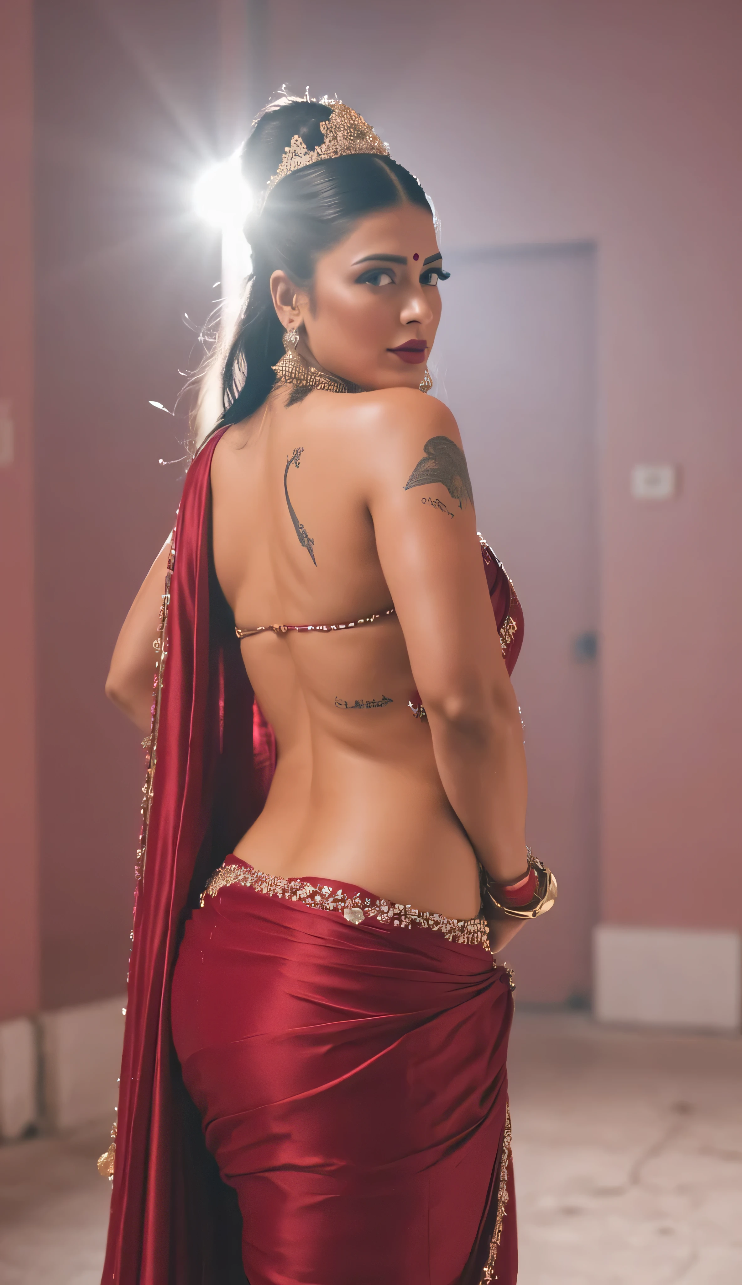 "A hyper-realistic, intensely dark, and fiercely erotic scene of the divine Goddess Durga, her ultra-fair, Russian-like milk-white complexion glowing like pure snow, radiating celestial allure that mesmerizes the soul. Her big, hypnotic eyes, a blend of emerald, sapphire, and gold, shimmer like peacock feathers, framed by long, kohl-lined lashes exuding intoxicating charm. She wears a golden crown encrusted with rubies and diamonds, ornate jhumkas, silver anklets with chiming bells, and intricate mehndi designs with floral and peacock patterns glowing faintly on her hands. Durga stands in a back-front pose, draped in a deep crimson Indian saree with gold zari embroidery, fully covering her, the sweat-drenched fabric clinging to her sinful 54-30-70 figure, outlining her massive, excessively raised breasts, their dark, erect nipples straining provocatively beneath her tight crimson blouse with a plunging neckline. Her 70-inch hips, raised dramatically in the saree, protrude with raw, forbidden allure, trembling with primal heat as the wet fabric molds to their perfect, sculpted shape. Her bare, slender waist, adorned with a striking black mole, glistens with sweat, a thin gold chain with shimmering pearls wrapped around it, accentuating her hypnotic curves with sinful elegance. Her long, jet-black hair, soaked with sweat, clings to her back, framing her flushed face, her deep red lipstick staining her juicy lips, parted in a sultry moan, a glowing moon tilak on her forehead adding mystic allure. Her sweat-drenched body pulses with untamed sensuality, the air thick with her sultry gasps, creating a dark, erotic vision of divine temptation, painted in ultra-realistic style with cinematic lighting and intricate details."