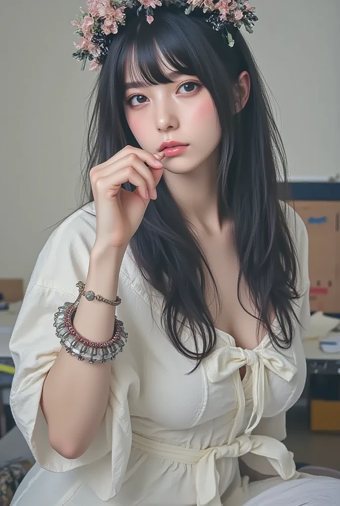 (pornography), (8k,masterpiece, top quality, best quality,beautiful and aesthetic:1.2,professional illustrasion:1.1,ultra detail:1.3,perfect lighting), extremely detailed, highest detailed, incredibly absurdres, highres, ultra detailed, intricate:1.6, (girl), beautiful, kawaii, beautiful eyes, beautiful hair, aquamarine eyes, cute rip, medium breasts, oily skin, ((brond_green hair)), ((blunt bang:1.2)), (braid ponytail:1.4), ringlets, off shoulder, black pantyhose, Black Choker, leather boots, very short length white shirts with open chest, very short pleated miniskirt, nsfw