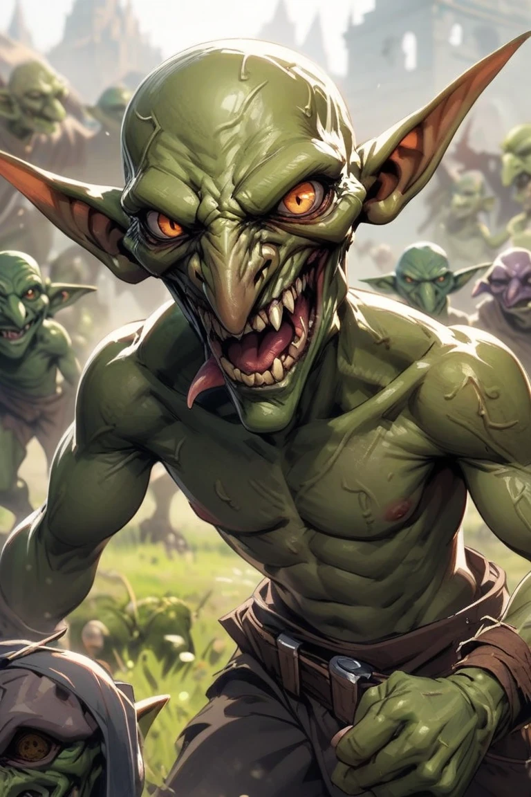 tiny male goblin, green skin, red eyes, pointy sharp teeth, large smile, drool, skinny body, cave background,
