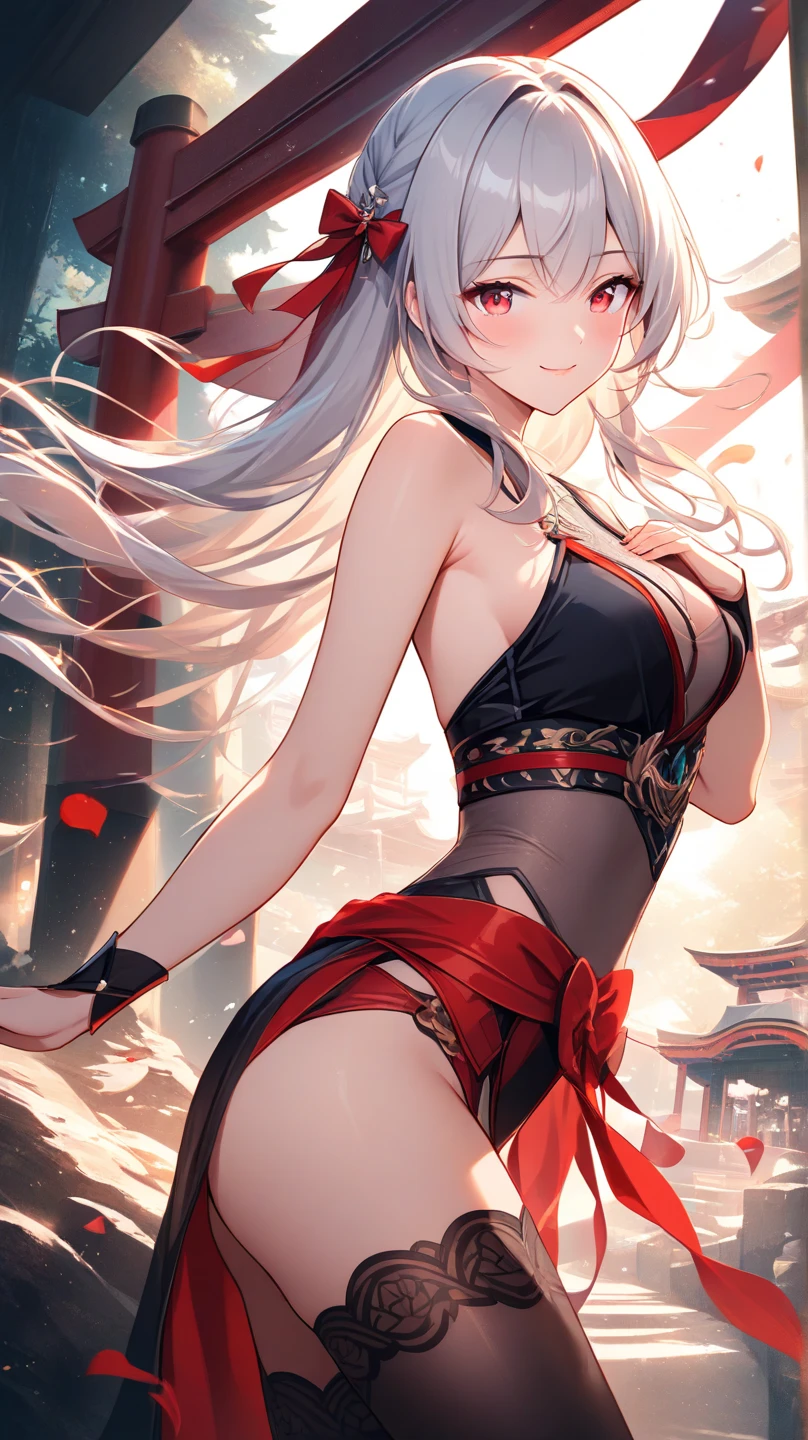 1girl, solo, long hair, breasts, looking at viewer, blush, smile, open mouth, blue eyes, skirt, simple background, white background, ribbon, navel, cleavage, bare shoulders, jewelry, medium breasts, hair ribbon, ahoge, white hair, :d, thighs, midriff, armpits, necklace, stomach, arm up, bracelet, red ribbon, revealing clothes, pelvic curtain, armlet, dancer
