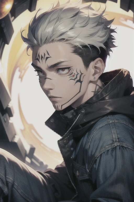 1 teenager, single boy, man, spiky hair, spiky hair, white hair, albino, red locks, red lock on one side of the face, tanned skin, red eyes, scars on the left eye, scars on the body, suit leather, butterfly wings, wings of fire, muscular body, athletic body, manly, fantasy (artwork) (high quality) (fairy)