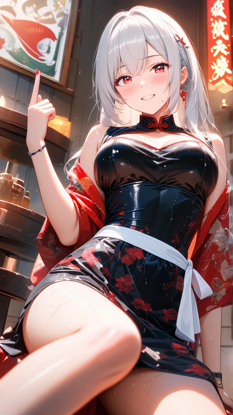 masterpiece, high resolution, high quality, transparent cheongsam, eateration, big breasts, cat ears, floral pattern, yellow eyes, gray hair, twin tails