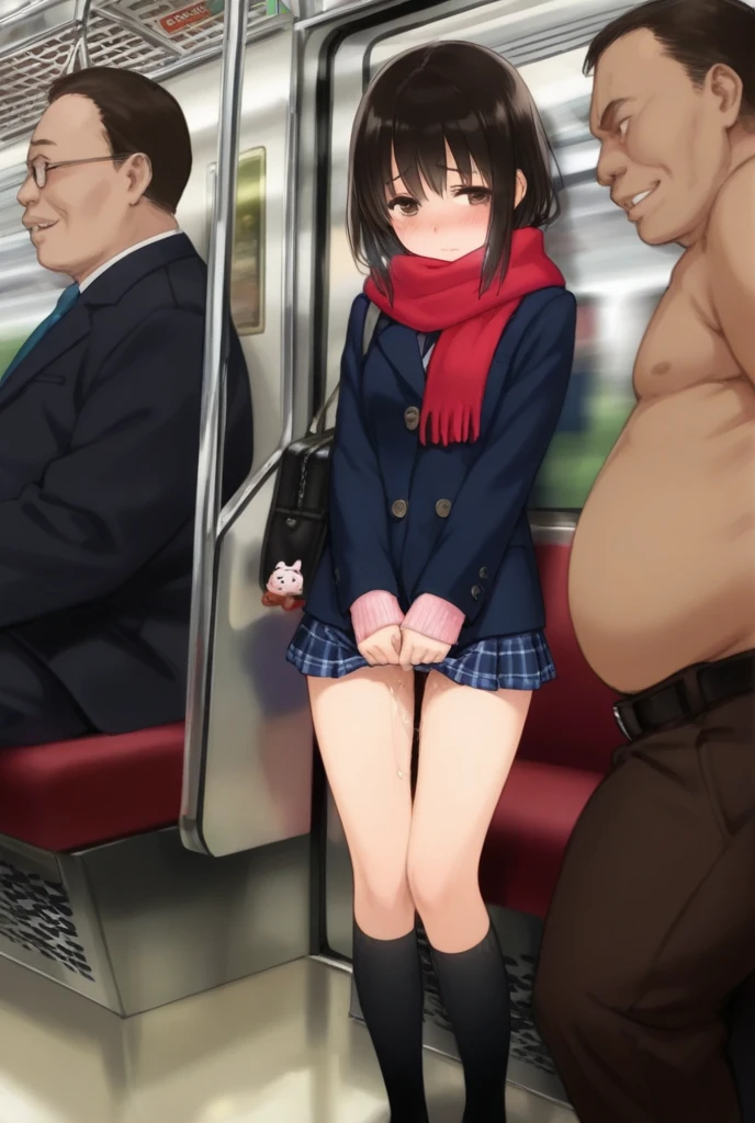 A girl is standing on a train, crying and refusing to move. She is topless, wearing no underwear, wearing a checked skirt, her nipples are erect, she has short black bob hair, small breasts, and pale pubic hair. A molester forces his arm around her shoulders, lifts one of her legs, and inserts his penis into her vagina.