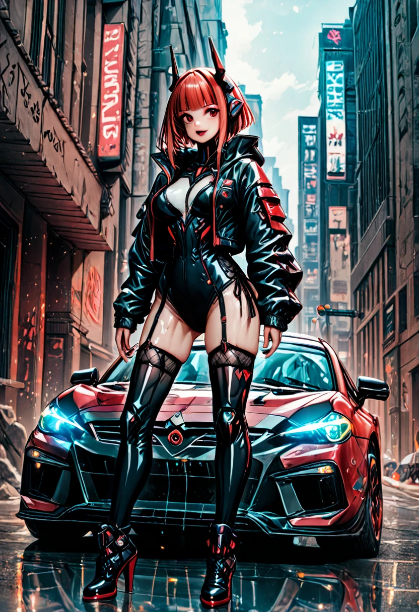 ((Best Quality)), ((Masterpiece)), (Detail: 1.4), Intricate details, Cinematic lighting, Sharp focus, Detailed face, (((1 woman))), Goddess with red eyes, (A Beautiful office Woman with long black hair:1.5), (((((Black and red gradation hair))))), (Dark skin:1.6), (Light blue business outfit:1.5), (Light blue jacket:1.5), (Tall Woman), (Earrings:1.3), (Huge Breasts:1.4), (Smal waist:1.3), (Long Legs:1.4), (Stockings:1.3), (Futuristic car park:1.5), (Cyberpunk city in the background:1.3),