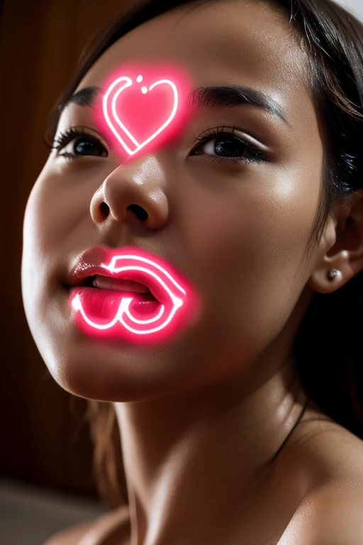 Fine art photograph of a blonde curvy girl (very busty, very pale skin(porcelain skin), in a dark forest, the blonde woman dressed in lack attire, stands amidst of ancient tree(their branches reaching, towards the sky). Her hands are holding(and touching)the glowing(Strong Neon-lights)-heart of the forest. Strong neon-lights illuminates her face(highlighting her pink-eyes. and bold pink-lips(heart-shaping lips)). Smirk face-expression. A subtle haze and a soft focus in the background. (((the image is in (Glowing Neon-lights colors, accent in black)colors theme)))
