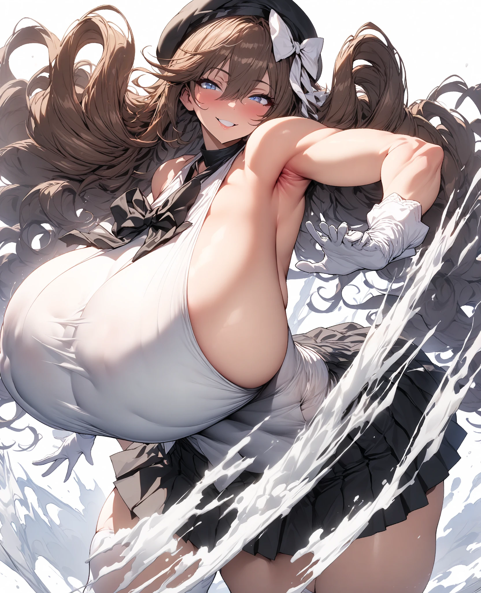 1girl, nsfw, ASAHINAMOMOKO. LIGHT BROWN HAIR, HAIR RIBBON, WHITE RIBBON, ONE SIDE UP, HAIR BETWEEN EYES, VERY LONG HAIR, PINK EYES, empty eyes, large breasts, nipple, Car Racing Circuits, frozen, (Sweating profusely, Love juice, Wet Woman, female ejaculation) crying, Naked, (1girl) Peeing, lactation, projectile lactation