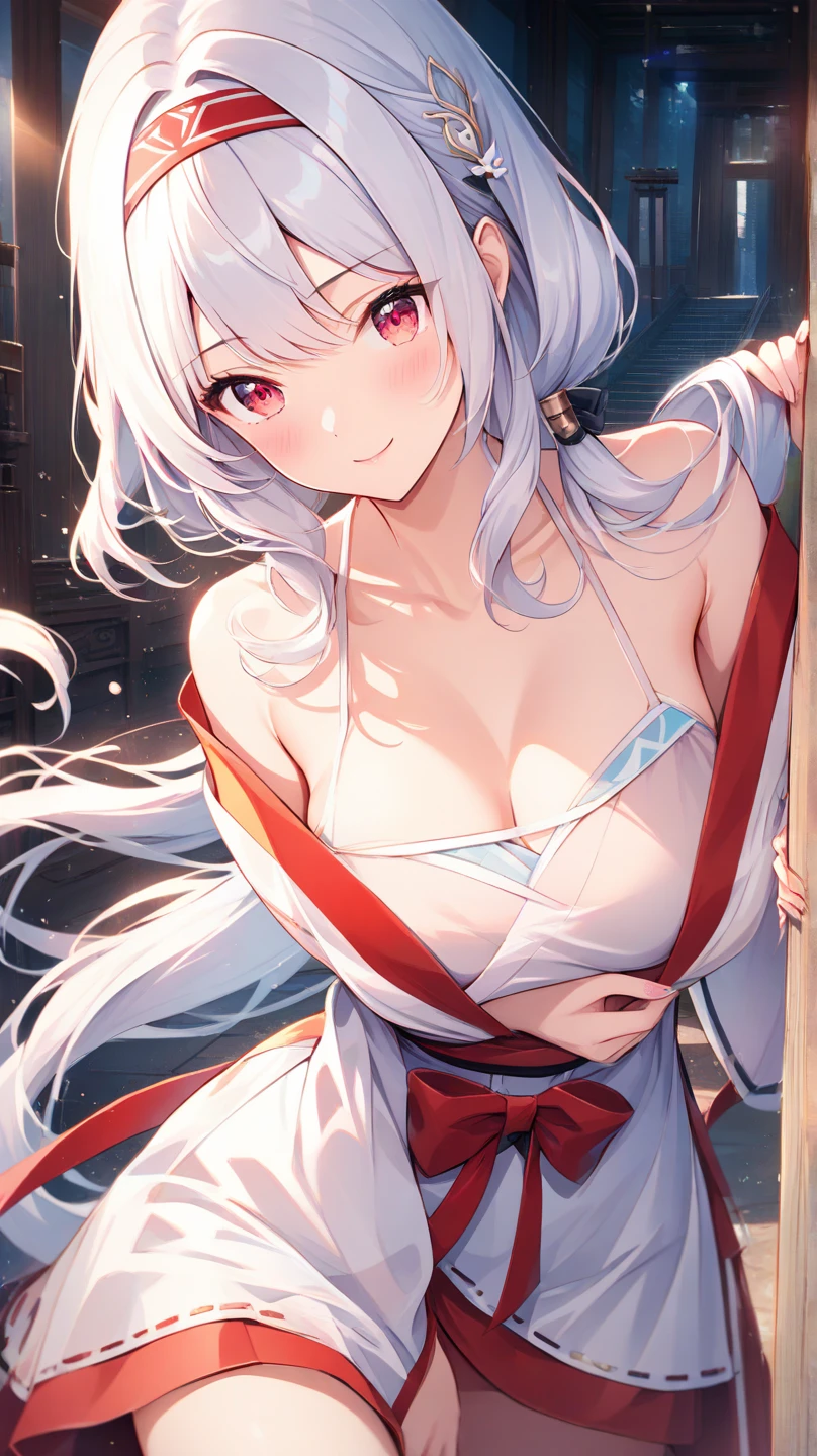 yamato, white hair, brown eyes, (from side), leaning forward, (sideboob), (hanging breasts), ((large breasts)),