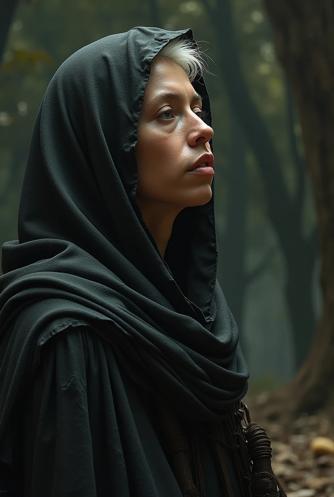 A brave Muslim woman named Sarah stands in the middle of a dark forest at night. His face looked calm but full of alert, with a hand holding a rosary. Dark and creepy forest background, with the shadow of tall and dense trees. Natural image quality, realistic, cinematic 4D, with a blurred background.