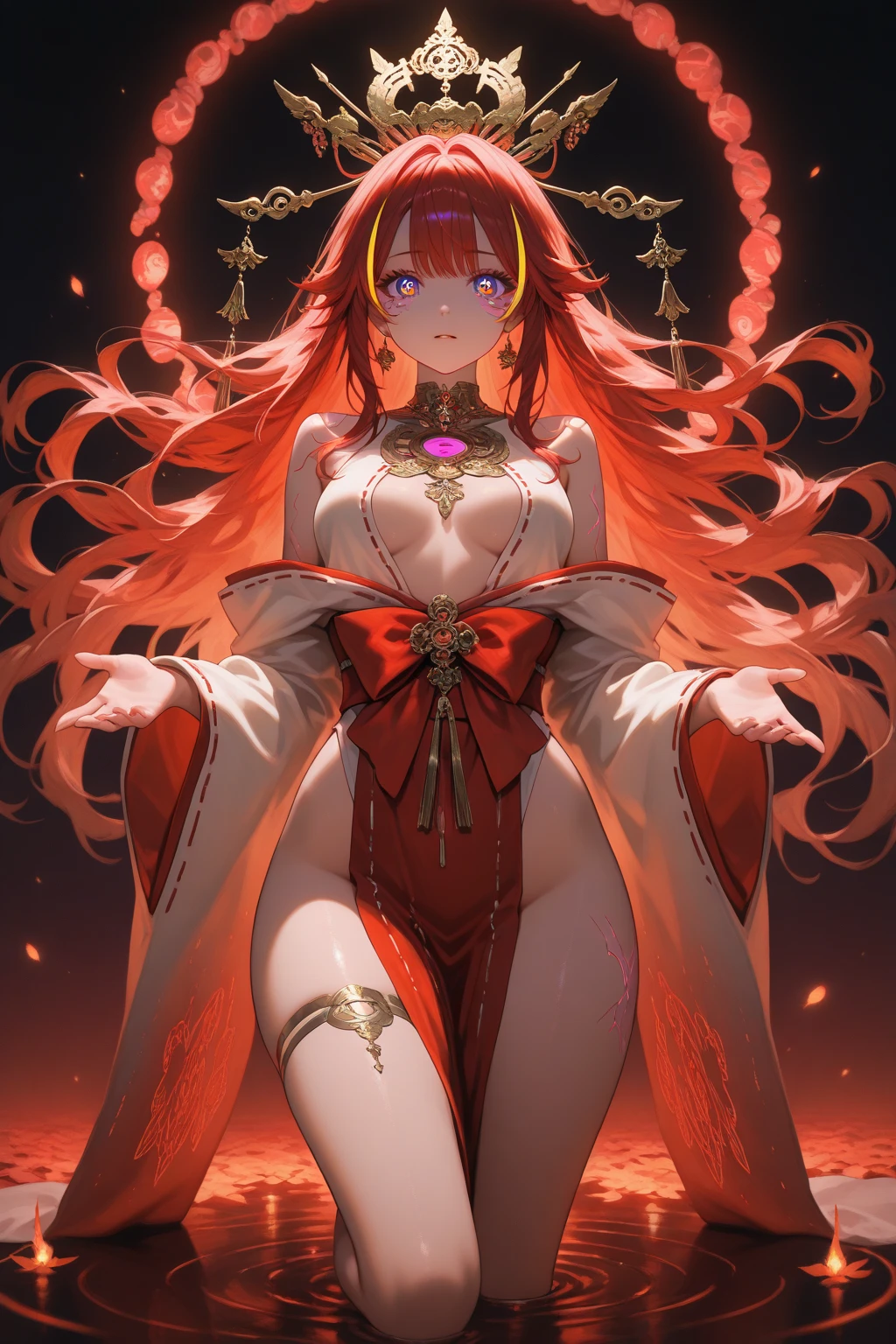 The goddess faces forward and holds out her hands、A red light on the right、 With a blue light in his left hand、Asking which one to choose。 Anime Images