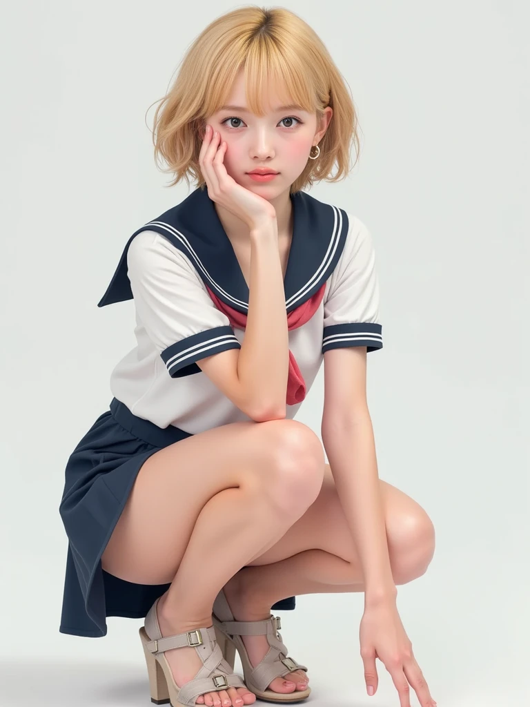 ulzzang -6500-v1.1, (Raw foto:1.2), (Photorealsitic:1.4), a beautiful detailed girl, ((a blond)), ((short-cut)), extremely detailed eye and face, beatiful detailed eyes, Ridiculous, unbelievable Ridiculous, huge filesize, ultra-detailliert, hight resolution, ighly detailed, top-quality, masterpiece, Kemomimi, ((Japanese girls' high school uniform)), illustratio, ighly detailed, nffsw, unification, 8k wallpaper, astonishing, finely detail, masterpiece, top-quality, Highly detailed ticker uniform 8K wallpaper, face lights、Cinematographic lighting、1girl in、sixteen years old、(witheout panties)、((dynamicposes)))、(camel's toe)、(half)、、(Crooked knees and legs sitting))