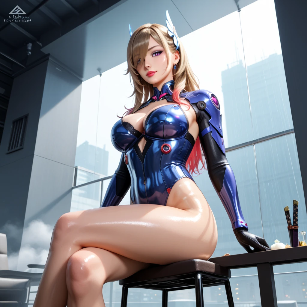 Highest quality, Super quality, 16K, Incredibly absurd, Very detailed, delicate and dynamic, A blonde female boss with a ponytail and a female cyber warrior communicating on a tablet screen, (With purple eyes、Low-set braided twin tails with white to purple gradation at the ends), Background Analysis Laboratory, Various image effects、Camel Toe、Giant tit、Nipple Puffs、Cleavage、Plump、Super big breasts、Super big butt、Bubble butt、future、Intellectual