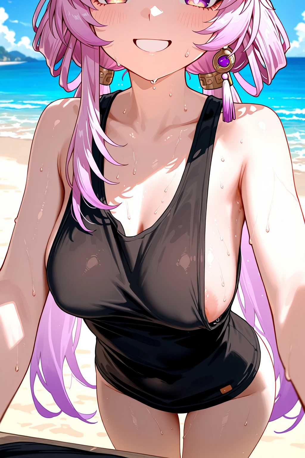 Masterpiece, raw, beautiful art, professional artist, 8k, art style by sciamano240, very detailed face, very detailed hair, 1 woman, perfectly drawn body, beautiful face, long hair, pink hair , very detailed green eyes , rosey cheeks, intricate details in eyes, playful smile, looking directly at viewer , in love with viewer expression, black chocker, lipstick, wearing cute summer clothes, white crop top, short black pencil skirt, brown wedge heels, standing up, sunny day fall, cleavage, standing up