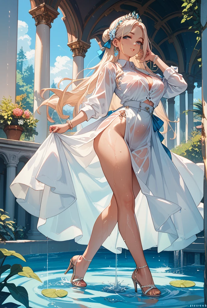 masterpiece:1.6, best quality:1.4, real picture:1.2, intricate details:1.2, 1lady, (solo:1.5), Appearance: milf:1.25, slender:1.2, green eyes, small breast, flat chest, sharp eyes, Clothing: ( white maxi slip-on dress:1.2), wide-brimmed hat, strappy sandals, drenched, wet, (see-through:1.2) Accessories: golden ring, hoop earrings, shell necklace, oversized sunglasses, Hair: long blonde hair, messy hair, hair bow, hair ornament, Makeup: masacra, natural, glowing skin, Location: outdoors, nature, Behavior: ass, from behind, back, ButtLift, pose, ass support, grabbing own ass,
