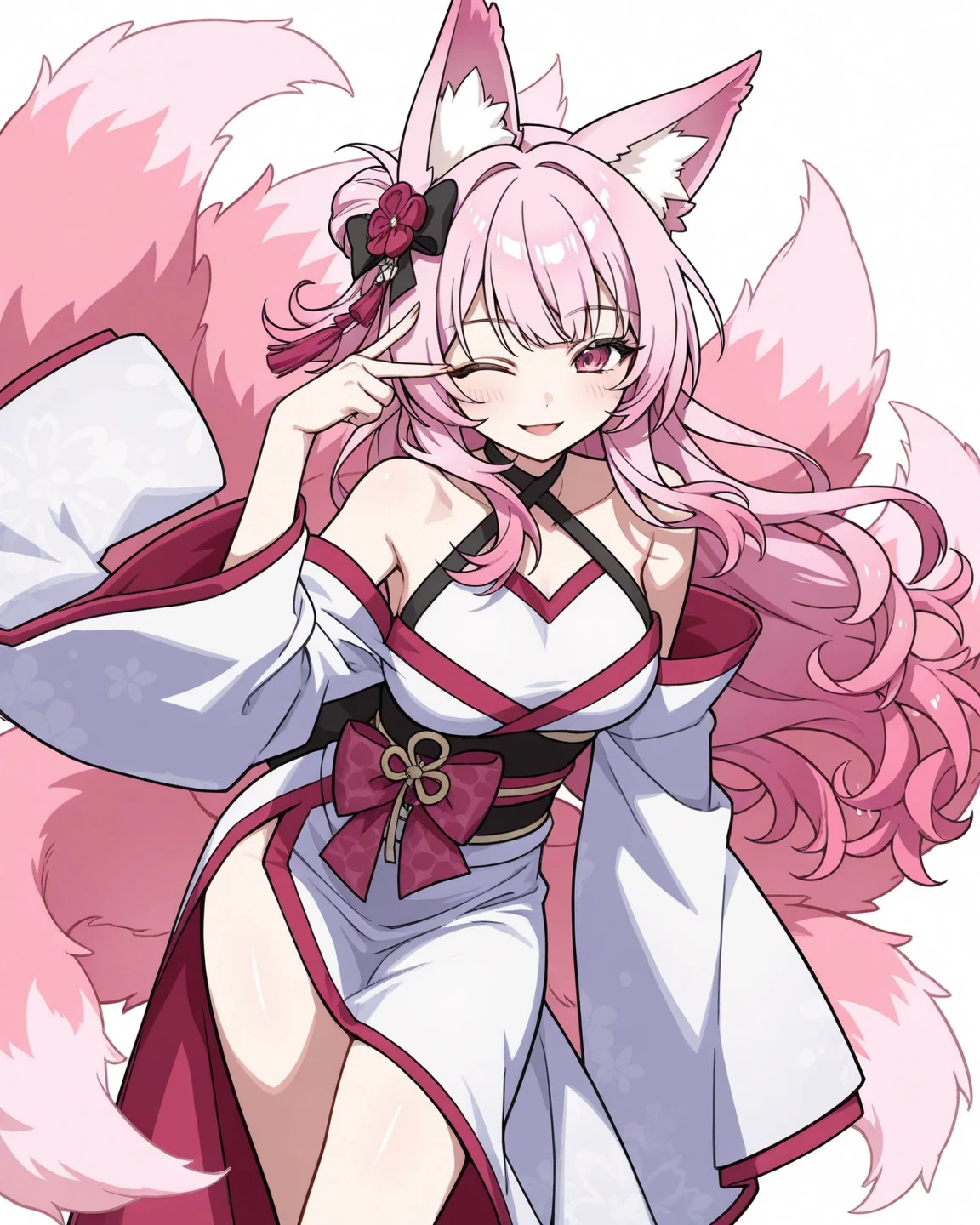 masterpiece, best quality,  upper body, <lora:AhriSpiritBlossom:0.9> IncrsAhriSD, facial mark, fox tail, multiple tails, kimono, white thighhighs, black thighhighs