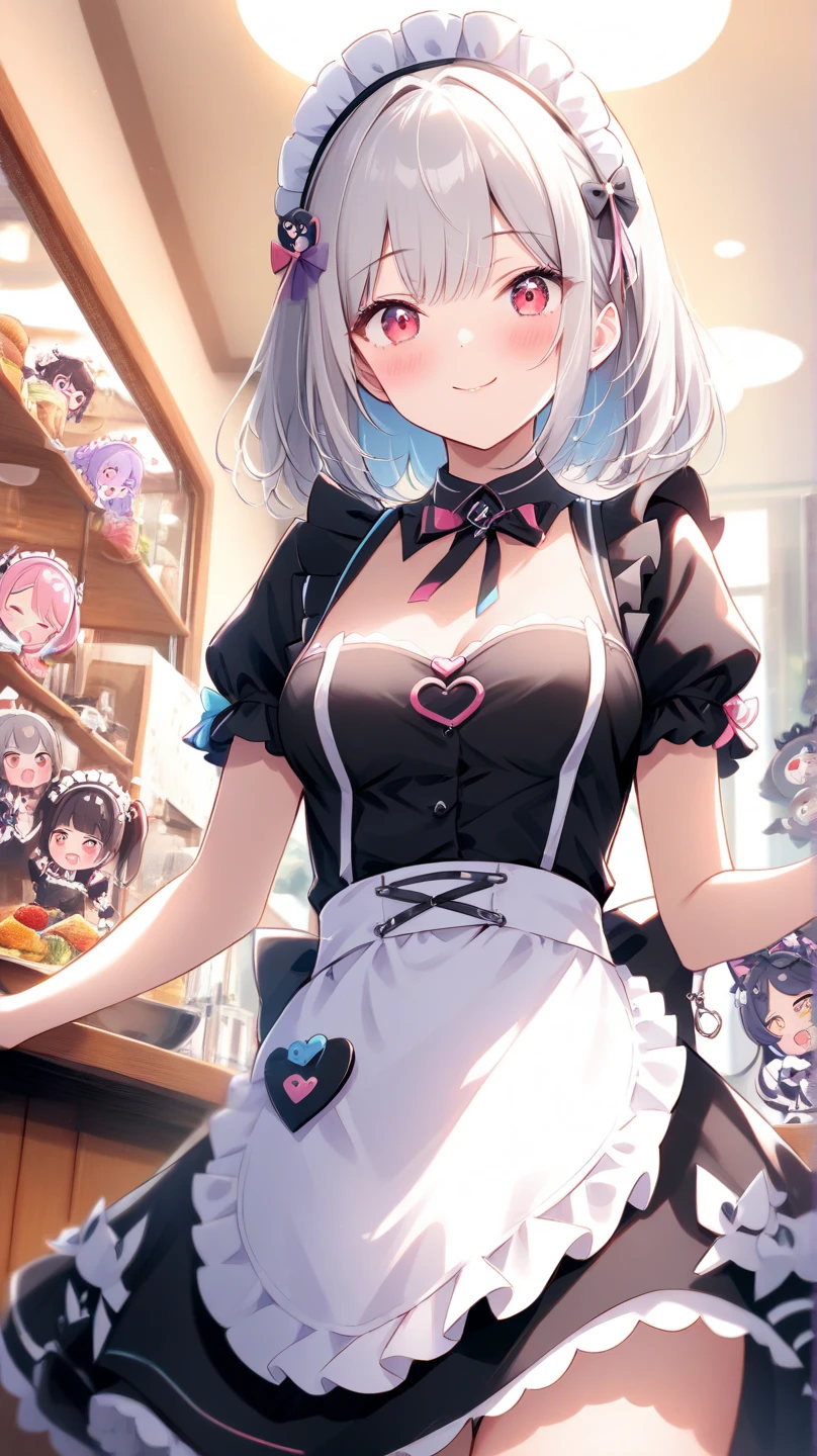 best quality, masterpiece, highres, solo, {cheshire_azurlane:1.15}, multicolored_hair, streaked_hair, breasts, large_breasts, animal_ears, cleavage, maid_headdress, black_hair, aqua_eyes, smile, ribbon, wrist_cuffs, bangs, blush, maid, hairband, two-tone_hair, blue_eyes, aqua_hair, fake_animal_ears, short_hair