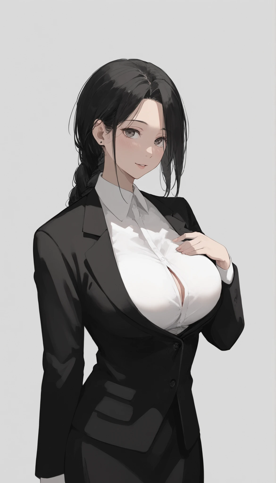 (masterpiece, best quality, highres, ultra-detailed), 1woman, long wave black hair, green eyes, handsome, detailed eyes and face, perfect body, earrings, ear piercing,  unbuttoned black blazer, white shirt, trousers, bare collarbones, chain necklace, city slums background, by amano akira