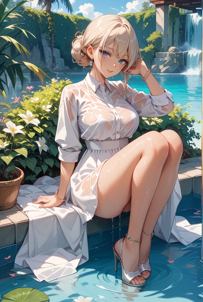 (Masterpiece: 1.2, Best Quality), 1 Girl, Big and Giggles, Slim, Elongated, Green Eyes, Sharp Eyes, small_breasts, flat_chest, Body Forward, Facing Audience, Dress, Wide Hat, Lace-up Sandals, Oversized Sunglasses, Simple Hoop Earrings, Shell Necklace, Areola Suspenders, Down Shirt, Embarrassment, Very Short Blonde, ^^, Nature, Yoga Studio, Tranquil Space,