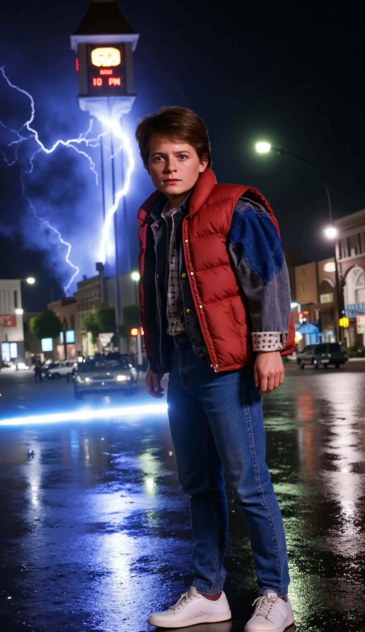 A highly realistic cinematic night scene of Marty McFly standing in front of the Hill Valley clock tower in a rainstorm. He wears a red puffer vest over a denim jacket and plaid shirt, jeans, and white sneakers. Wet pavement reflects city lights. Lightning strikes the clock tower at 10:04 PM, glowing sparks flying. A DeLorean car speeds in the background, glowing blue light trails behind it. Dramatic lighting, rain effects, cinematic camera angle, ultra-detailed clothes and hair, 1980s movie tribute, realistic shadows and motion blur.
