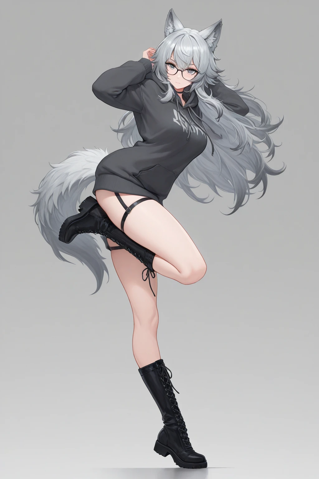 Solo, Score_9, score_8_up, score_7_up, An Anthro furry fox girl, dark grey furry body, fox tail, , black nose, white hair, spiky hair, wearing oversized sweater, white thigh highs, one foot up and in view, exposed toes, 4 toes, mouth open, laughing, rear view, (curved horns), black choker, black detailed choker, feminine, dark fur, (long hair)
