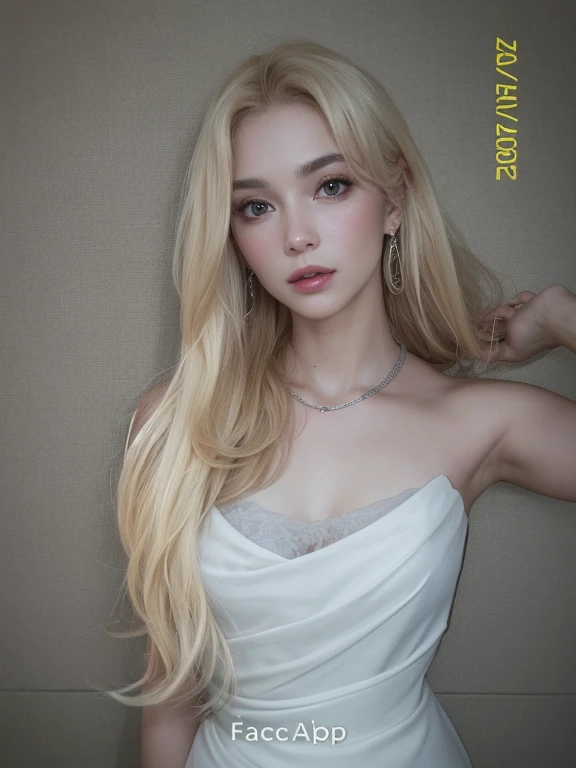 mulher loira com blusa branca e pente de cabelo preto, Anna Nikonova aka Newmilky, com longos cabelos loiros, namorada russa, longos cabelos loiros e olhos grandes, dasha taran, longos cabelos loiros e olhos grandes, modelo do instagram, Yelena Belova, com cabelo comprido, Cabelo loiro liso, pale and glowing skin, cabelos longos loiros escuros
