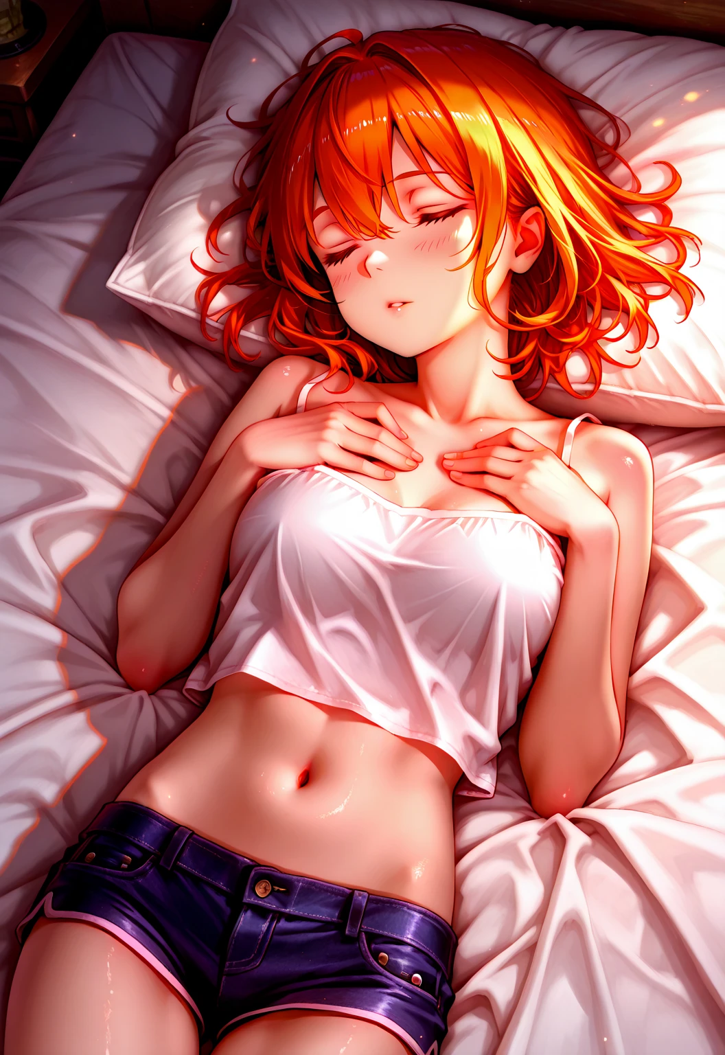 ((Photorealistic:1.6, UHD, masterpiece, high resolution)), (correct and good human ???????:1.1)), nami \(one piece\), bright orange hair, perfect face, (wet, sweat, ((translucent oversized T-shirt)), fullbody:1.4, ((on top of the bed, on your stomach:1, shocked, disgusted)), cock up, watching from below
