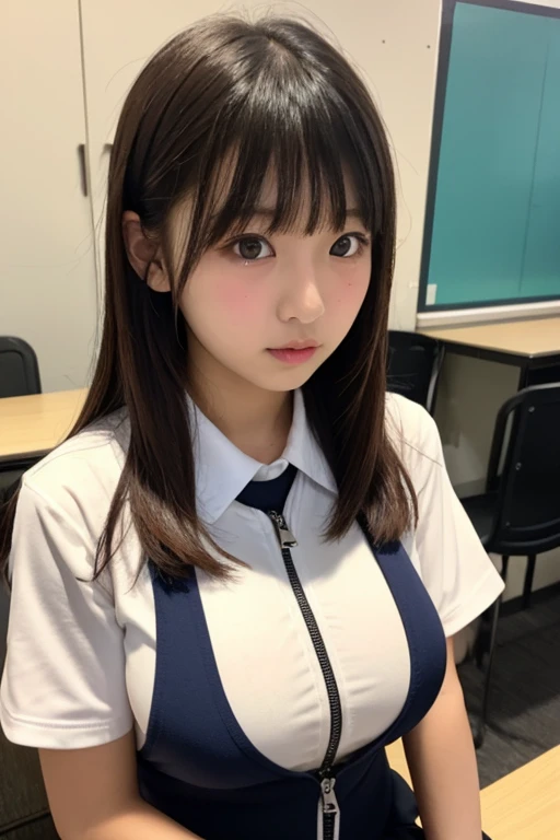 Tabletop, highest quality, 8k, 15 year old, Small breasts、((Big eyes))、RAW Photos, Absurd, Award-winning portraits, smile, alone, Daytime, Idol's face, Delicate girl, Upper Body, Digital single-lens reflex camera, Looking at the audience, Frank, Sophisticated, Thin arms, Soft rays of light、Professional Lighting, chromatic aberration, (Eye and facial details:1.0), ((Browsing Caution:1.7、Realistic))、1 girl, ((Girls' school uniform)), Looking at the audience, Young Face、A satisfied look, (( Spread your legs、Open your crotch)),Show me your breasts、classroom、Exposing breasts、Small breasts