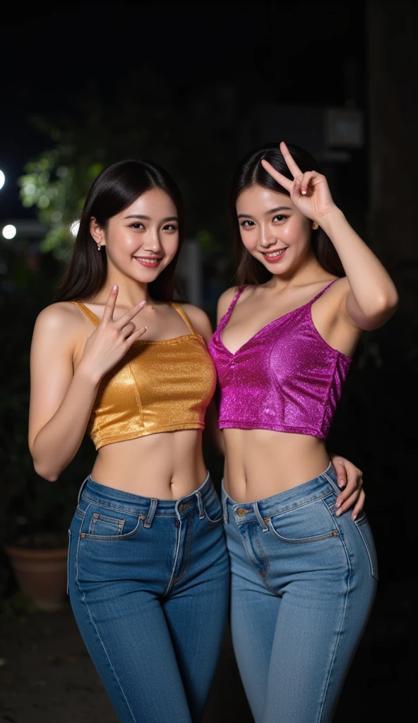 Hyper realistic photography, sony alpha camera, night light, dj party, two women in beautiful glittery party clothes are standing on the street, two girls, alena aenami and lilia alvarado, posing together best friends , cute girls, wearing a cute top, young and cute, bracelet, wearing a denim jecket,mommy pants, tattoos , looks realistic, bra and shorts for , harley queen , beautiful girls, cute beautiful, cutecore, casual pose, casual pose , highly detailed face and lips,arc shape eyebrows, shinybeyes, vute smile,one lady of 22 year, fit physic, realistic natural body posture, detailed skin with visible pores, detailed body, detailed exited smily face, realistic model look, instagram post, 