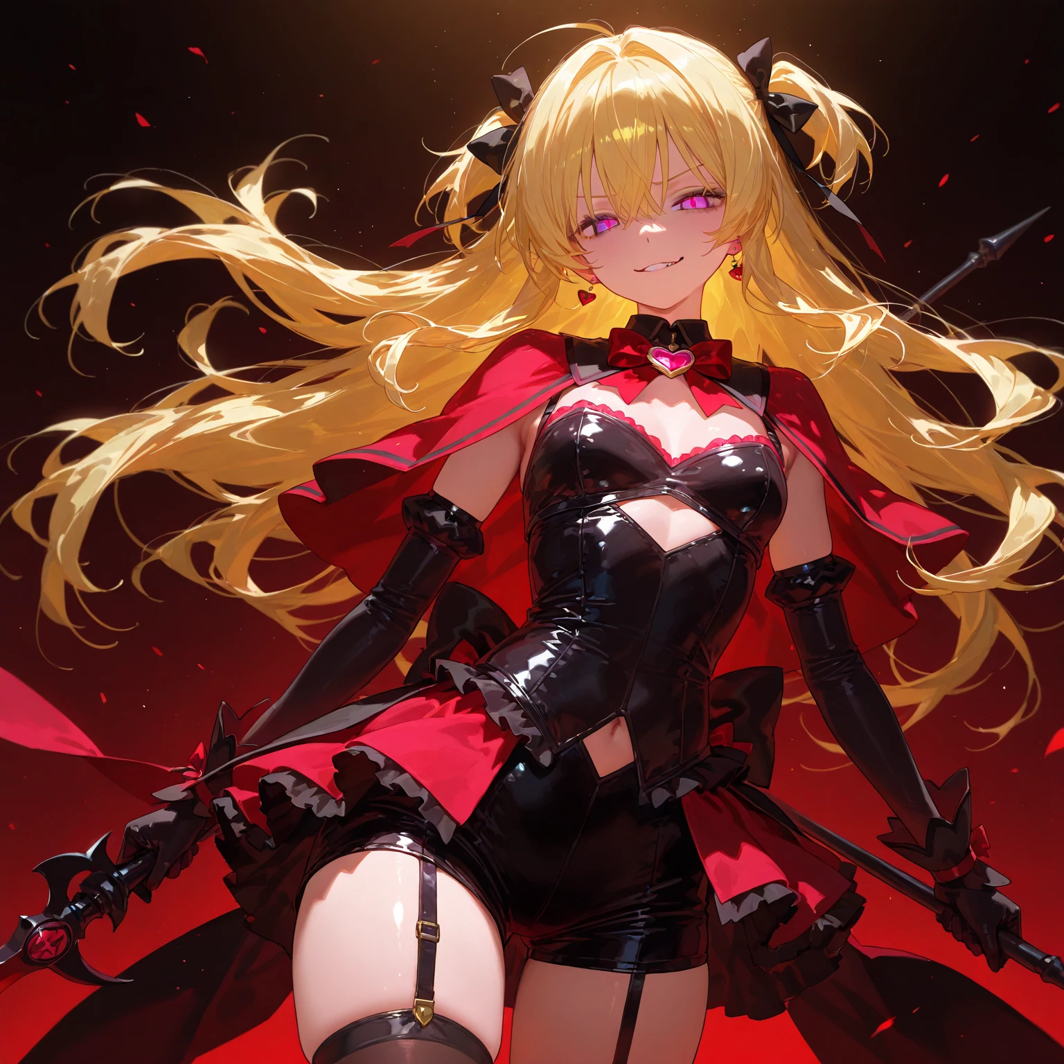 High quality, HD, 4k, Beautiful girl, teenager, blonde hair, gold hair, red eyes, medium breast, red dress, black leather uniform