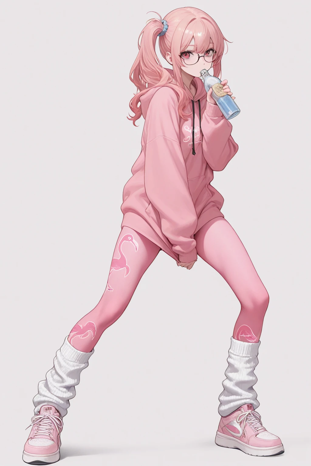 1elf girl, solo, (masterpiece), absurdres, high definition, paint splatters, graffiti, spray can, tight-fitting pants, athletic wear, jsrgum, street-style clothing, (pink and white sneakers), highly detailed face and eyes, white blonde short hair, ponytail. By Yusuke Murata.