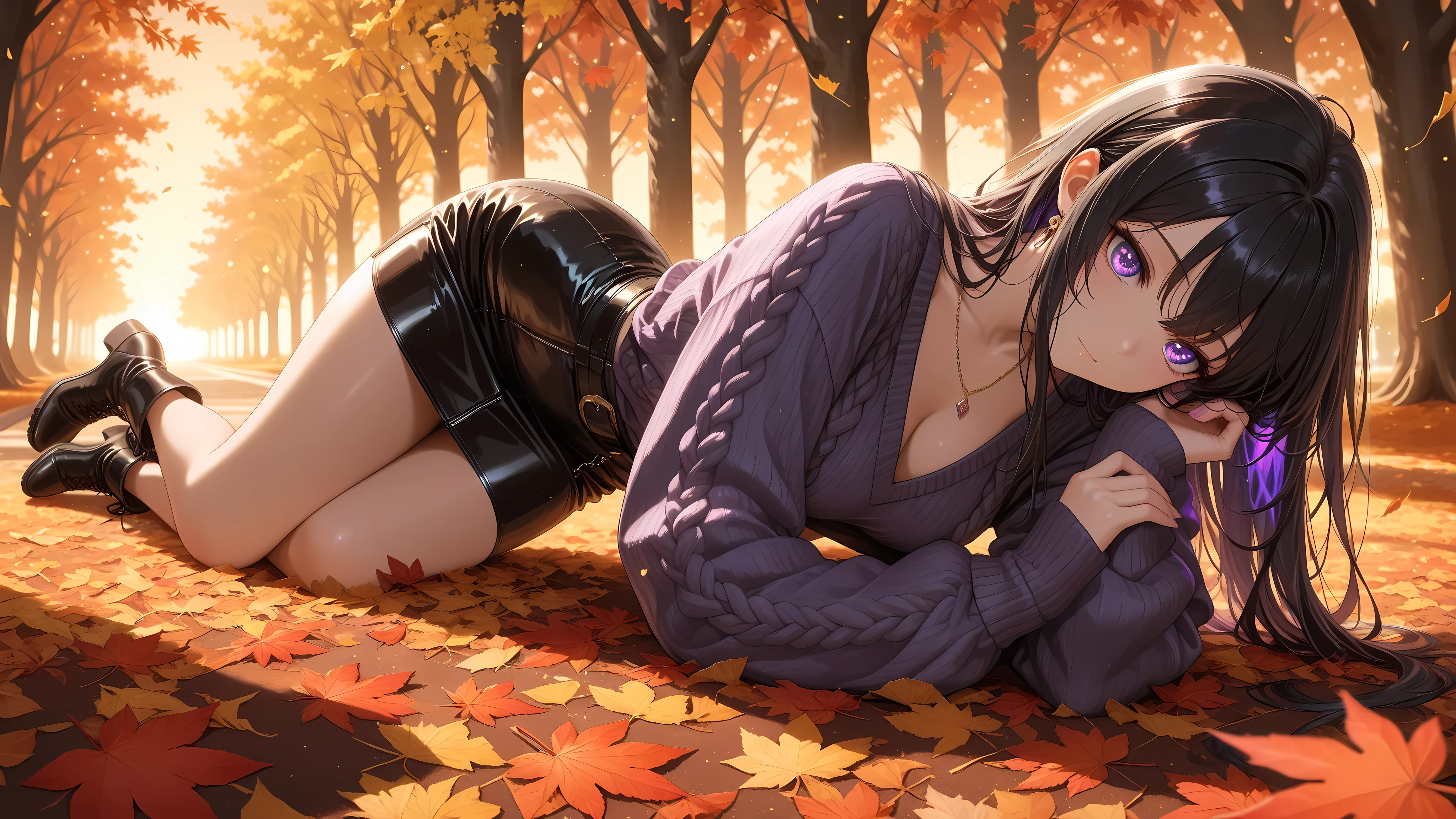 long dark hair / big tits / brown eye /  lying  on the grass   . sexy pose . sunset