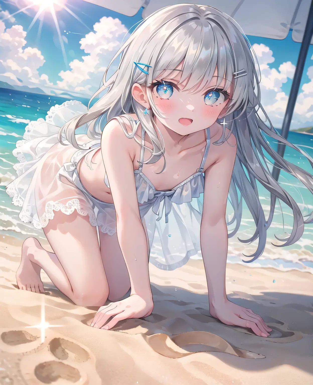 (8K, Highest Quality, Masterpiece:1.3)), Ultra HD, (2 Girls, Duo), (Color Changing Eyes, Super Detailed, Expressive Sparkle, Sparkling Eyes), Highly Detailed Eyes, Highly Detailed Face, Random Hair, (Silver Grey Color), Exposed, Side by Side, (Left Girl: Sitting with Legs Wide Open), (Right Girl: On All Fours), One Piece, (Cute Panties:1.3), (Ecstatic Expression:1.6), White Skin, Seductive, Cleavage, Wet Panties, Sandy Beach Abroad, Angle from Below, Sunset