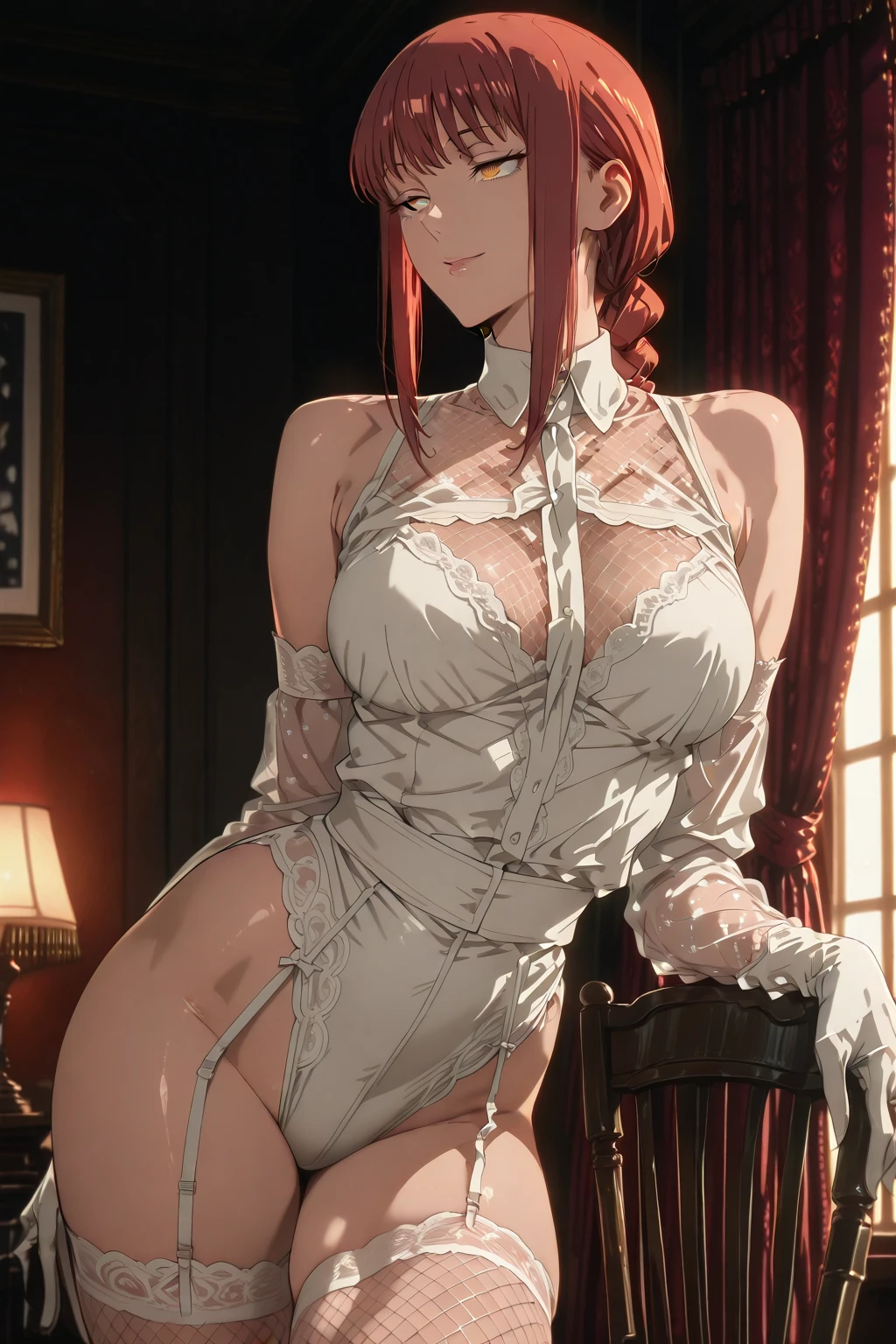 (masterpiece), best quality, highres, NSFW, 
girl, (traditional media, 80s:1.4), (eyelashes:1.5), 
(intricate high detailed body:1.2), (loli:1.2), 
red hair, short hair, (twin messy bun), 
green eyes, 
lip stick, 
slender body, large breasts, 
(angry, smile:1.2), 
neckwear, (white lace leotard with sleeves:1.1), 
(short frill skirt:1.1), see-through clothes, jewelry, 
cowboy shot, 
in royal palace,