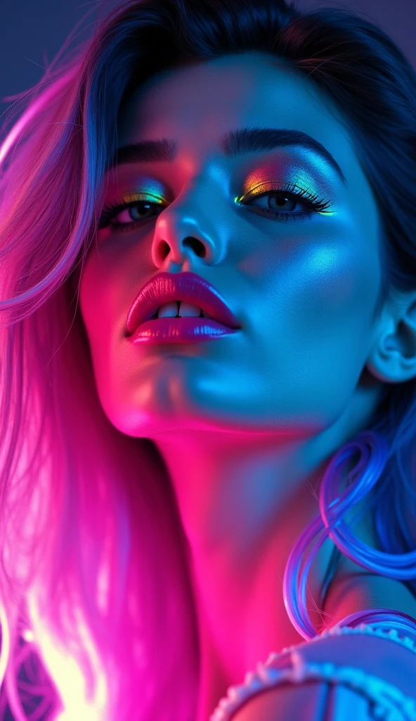 a seductive smiling woman, psychedelic surreal horror, trippy colorful glowing body, white lingerie,  sensual provocative pose, real breasts, lsd trip, vivid colors, hyperrealistic, darker atmospheres, cinematic lighting, masterpiece, 8k, ultra-detailed, hyper-realistic, photorealistic