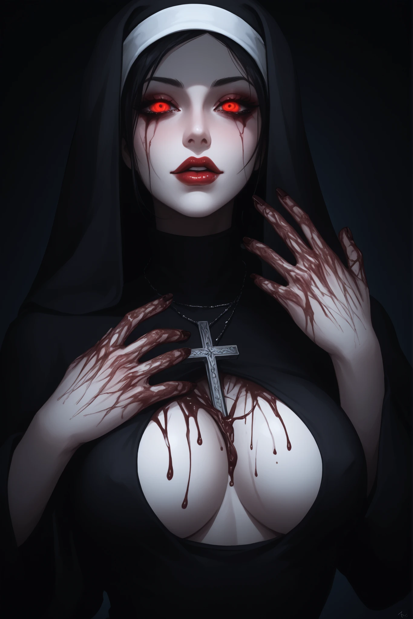 CarnageStyle, (WHITE AND BLACK:1.35), portrait of a possessed nun, bible, catholic, religion, cross, praying, intricate, headshot, highly detailed, [nsfw digital painting:50], artstation, concept art, nipples, bloody , erotic horror, sharp focus, cinematic lighting, illustration, art by artgerm and greg rutkowski, alphonse mucha, cgsociety, dark,tongue,gore, (Masterpiece:1.3) (best quality:1.2) (high quality:1.1)
