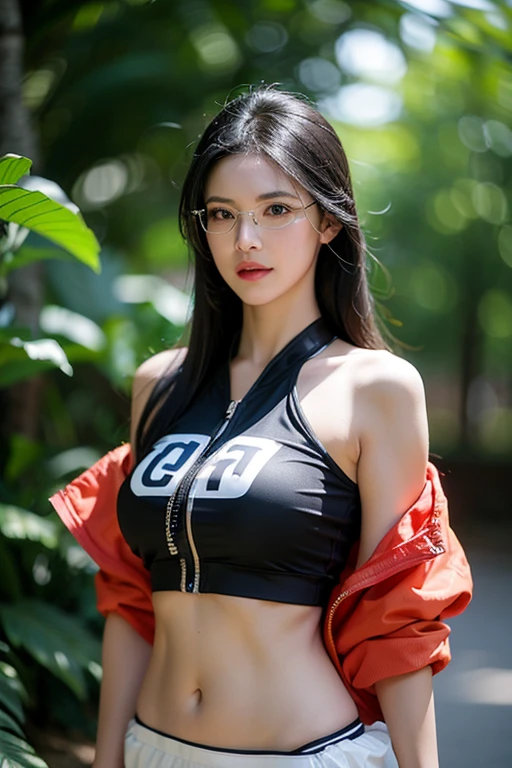 a beautiful woman, plump curvy body, wearing a crop top sports jersey, jacket, and shorts, with a cleavage visible, slender abs, and high thighs, in an outdoor field setting, (best quality,4k,8k,highres,masterpiece:1.2),ultra-detailed,(realistic,photorealistic,photo-realistic:1.37),HDR,UHD,studio lighting,ultra-fine painting,sharp focus,physically-based rendering,extreme detail description,professional,vivid colors,bokeh,portrait