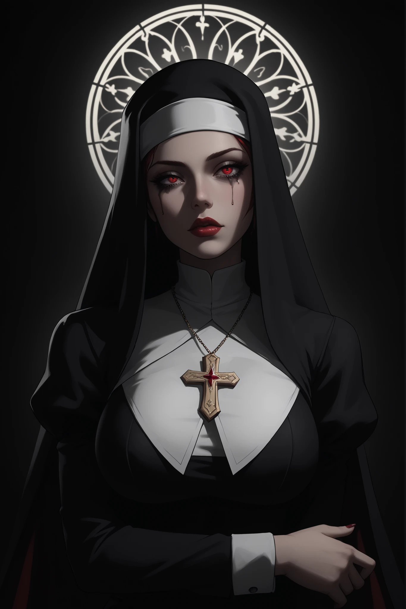 (high quality, Realistic, ultra detailed),blood nun,dark and gloomy atmosphere,old church with biblical windows,beautiful woman with piercing red eyes,1woman surrounded by ethereal spirits,eternal and deep darkness,penitent ghosts,group of humanoid spirits