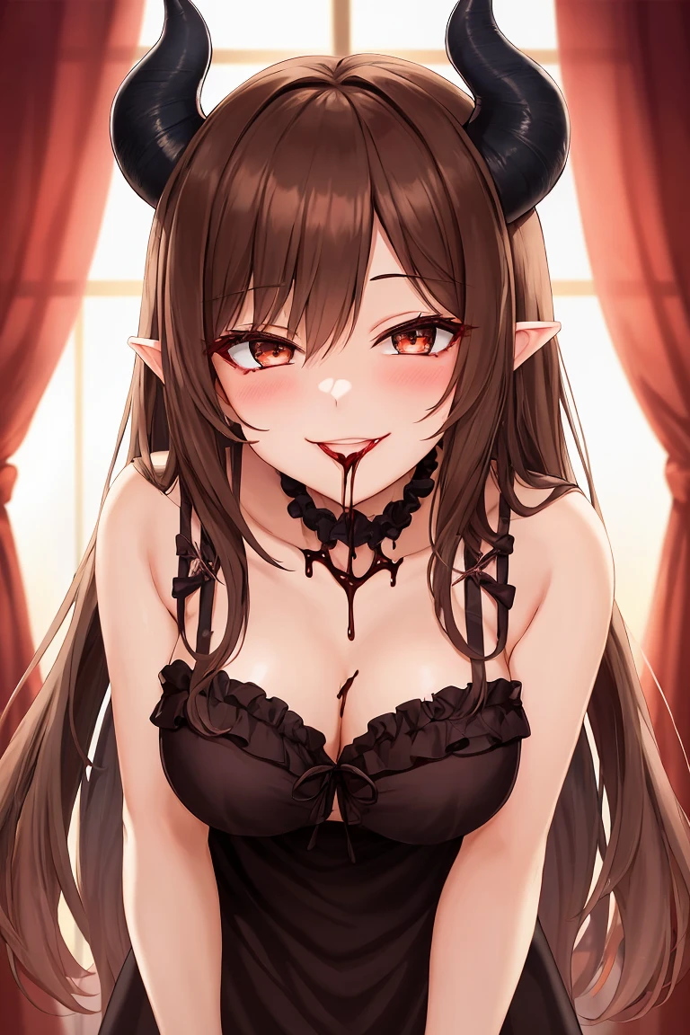 ((Highest quality)), ((masterpiece)), (detailed), （Perfect Face）、The woman is the demon queen, Devil Queen Aerith, wearing a gorgeous black wedding dress decorated with gold.、The woman is a female demon, Aerith, with magnificent devil horns, jet black devil wings, and a jet black tail. She is looking at the camera with a happy expression, her brown medium-long hair is braided in the back and she has the expression of a girl in love.、The woman is Aerith