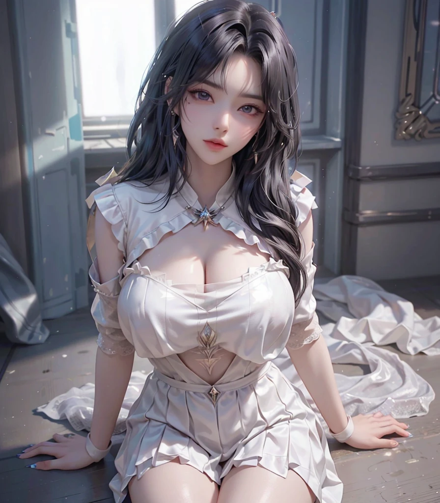 realistic, 1 women, best quality, 12k, Per HD, 1080p, wear Allstars shoes, long hair, big round breasts, cleavage, ponytail, necklace, jewelry, shorts, short jacket, slim hips, hair tie, yellow eyes, black hair, super detailed, Eye details, hair details, person details, mouth details, face details, breast details, clothes details, hair details, pants details, hand details, whole body