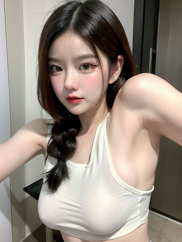 Kim Ji-ni Jennie face, sitting on the sofa ((full body visible))
She was slender, petite, skinny, and (flat-chested) she stared at the audience. She wears a black ponytail.
White transparent sweater, cleavage, sweater, gray sweatpants,
Camera focused on her face, light shining on her face, very large aperture, ((f/1.2)), shallow depth of field, strong blur in background lens, ISO 3000, auto white balance,
best quality, masterpiece, award-winning photography, huge file size, 8k, high resolution,
Shot on a Sony DSLR.